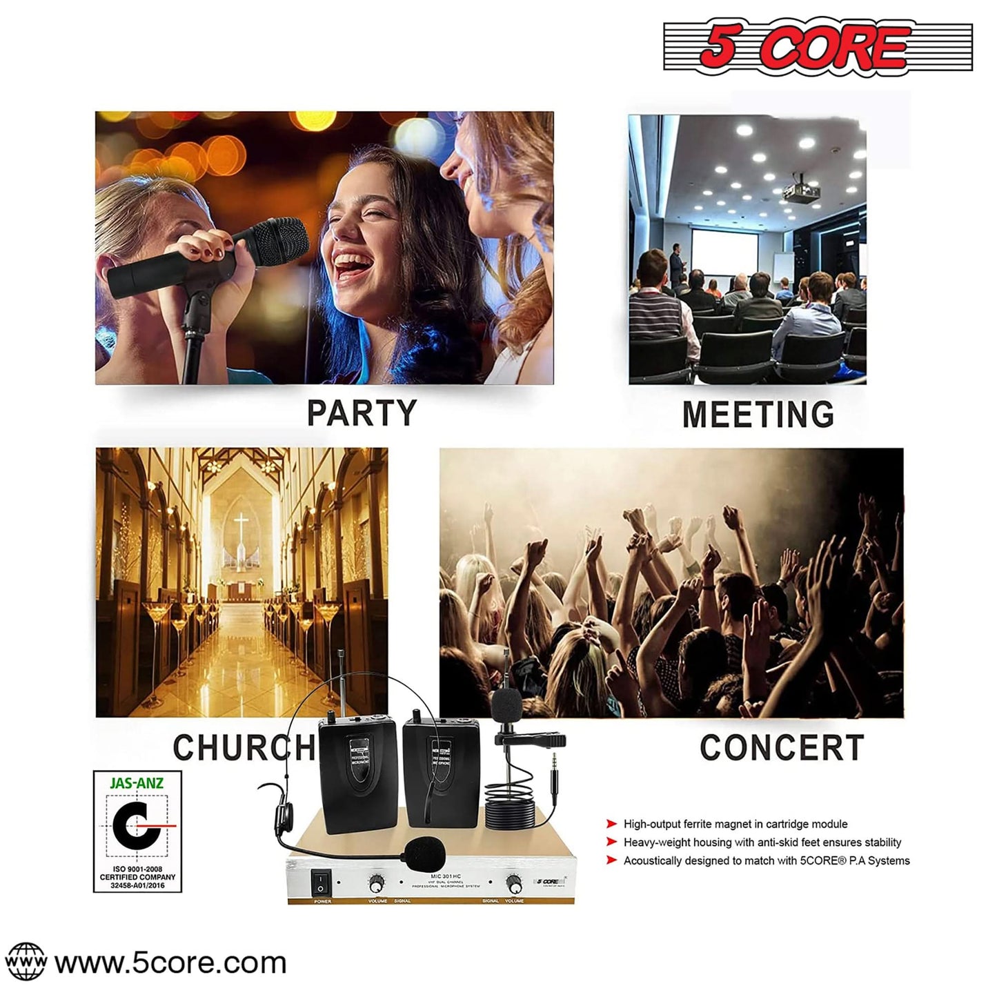 5Core Wireless Microphones w 1 Headset 1 Collar Mic + Receiver Microfono Inalambrico